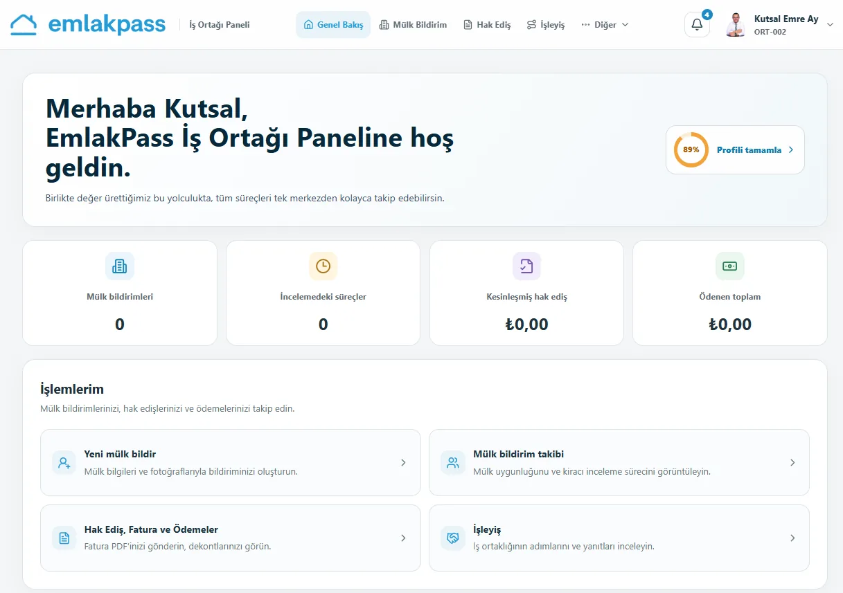 EmlakPass iş ortağı paneli genel bakış ekranı